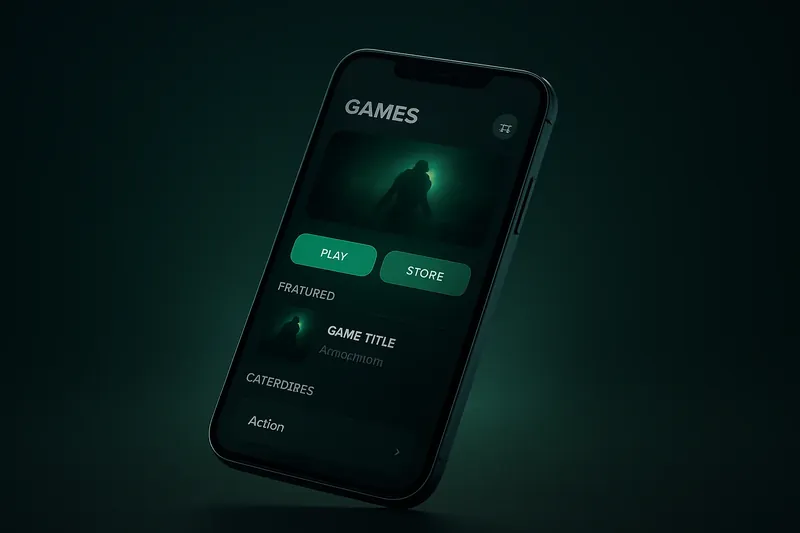 Modern smartphone floating with dark premium gaming app UI and green glow