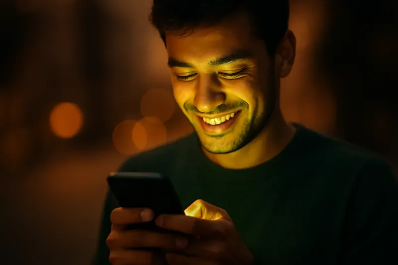 Young man smiling while tapping phone, green and gold screen light