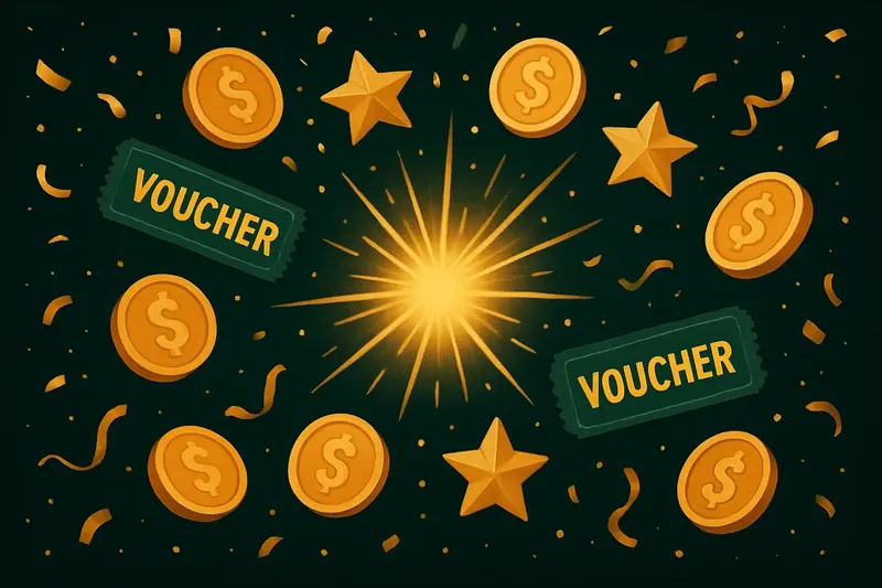 Golden coins, voucher tickets, and stars bursting from bright flash
