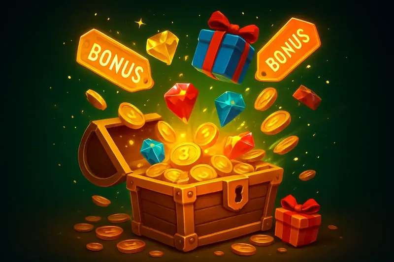 Golden treasure chest bursting with coins, gems, gifts, and bonus tags