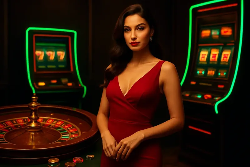 Bangladesh casino homepage banner with woman in red dress, roulette and slots