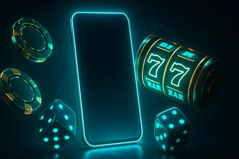 Glowing smartphone surrounded by casino chips, slot reels, and dice