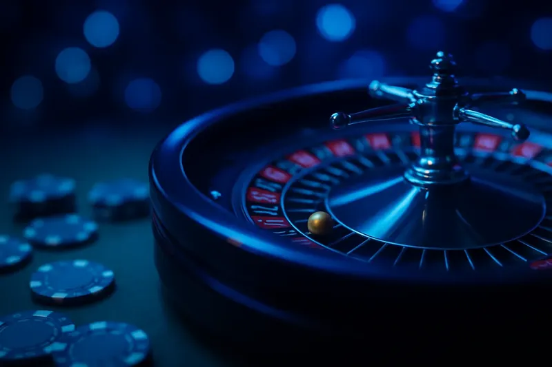 Close-up roulette wheel spinning with golden ball, chips and bokeh lights