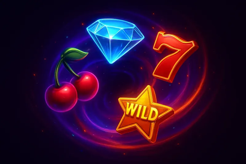 Colorful slot symbols in magical neon swirl on dark luxury background