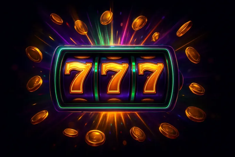 Slot machine jackpot with golden 777 reels, coins, and neon light beams
